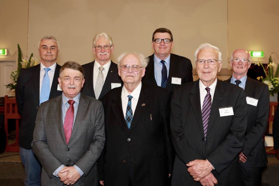 John Wilson with former Moderator-Generals (Back row, l-r) David Jones, Robert Benn, David Cook, Bruce Christian. (Front row, l-r) John Wilson, Bob Thomas, Allan Harman.